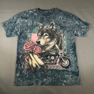 VTG Wolf Motorcycle Tie Dye T-Shirt Rose Feather Graphic Print Mens Large No Tag
